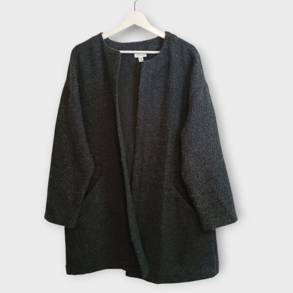 Pure Jill Coat Women Large Petite Gray Bouclé Wool Blend Open Chore Basic Jacket